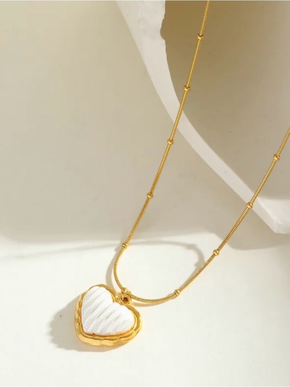 Gold PVD Stainless Steel Heart Pendant Necklace | White Heart Charm